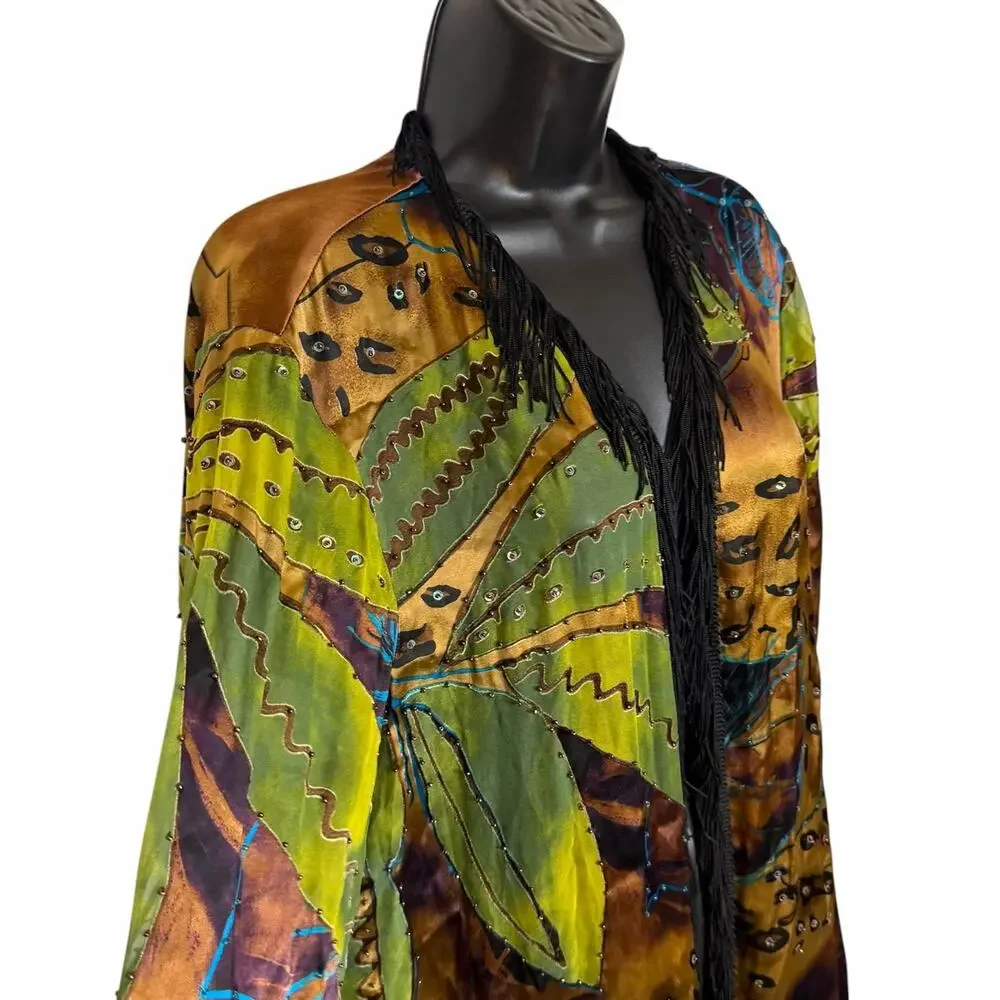 VTG Mirasol Silk Blend Kimono Cardigan L Abstract Fringe Whimsygoth Y2K Witchy